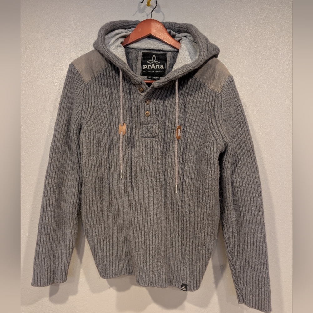 Prana Gray Ribbed Knit Hoodie Sweater